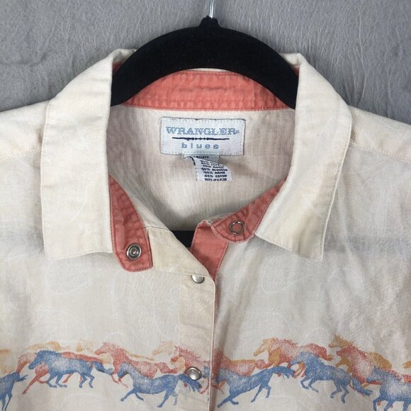 Wrangler Blues Top Womens Large Yellow Running Horses Pearl Snaps Cowboy Core - Picture 3 of 16